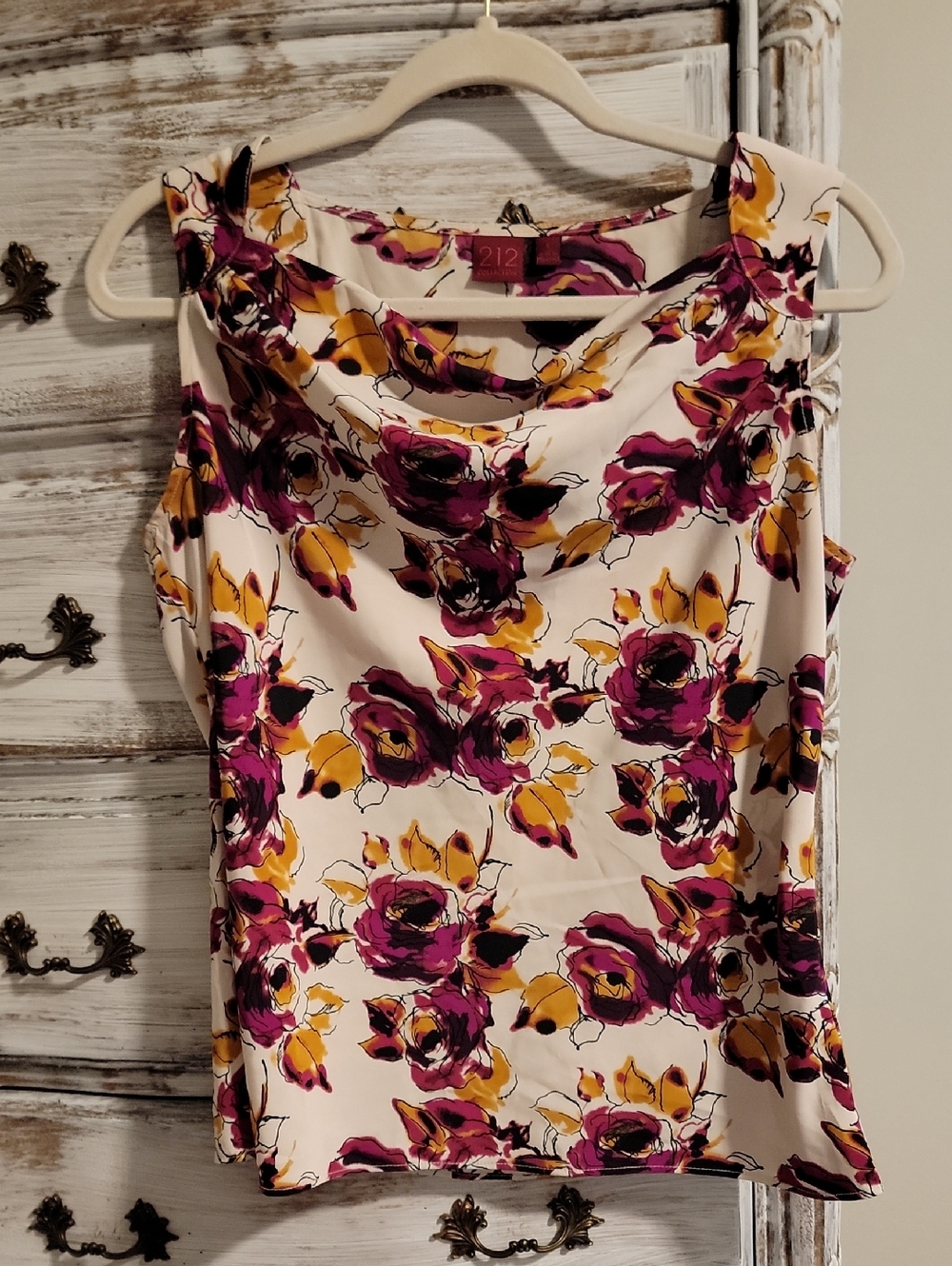 212 Collection Cream Floral Cowl Neck Tank with Purple and Mustard Flowers
